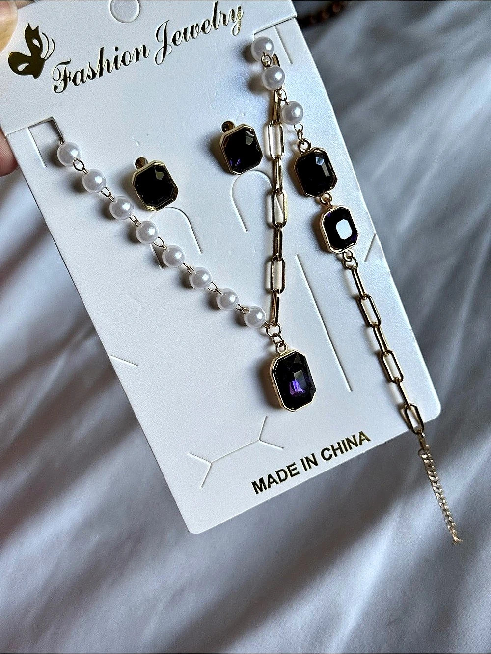 Fashion Jewelry Gold Pearl Necklace Earrings Bracelet Set Dark Purple Gems NWT